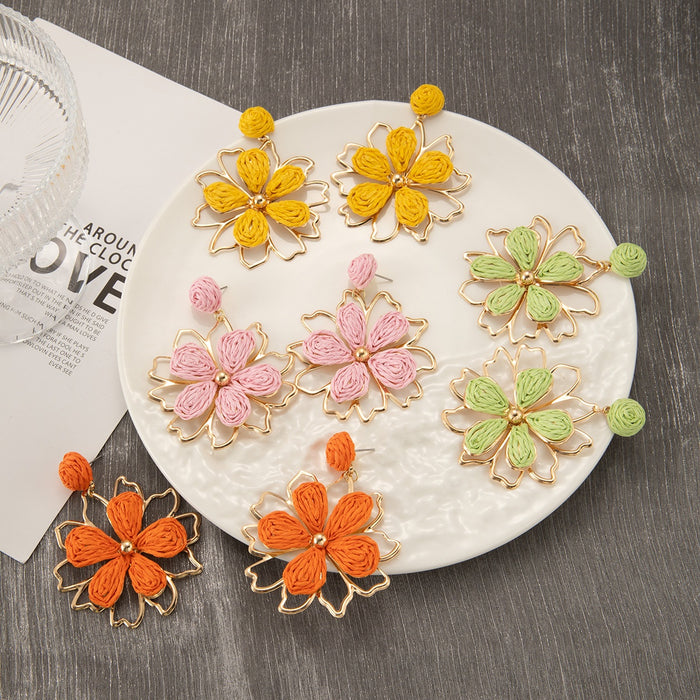 Spring Dopamine Vacation Style Sweet Colorful Woven Sunflower Stud Drop Earrings For Women