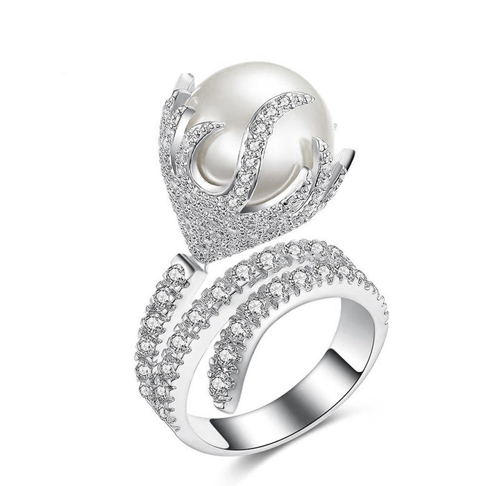 Palace Luxury Women's Statement Ring With Faux Pearl And Rhinestone Inlay, Elegant Designer Jewelry