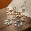 Luxury Vintage Gold Alloy Crystal Rhinestone Hammered Leaf Branch Statement Drop Stud Earrings view 2