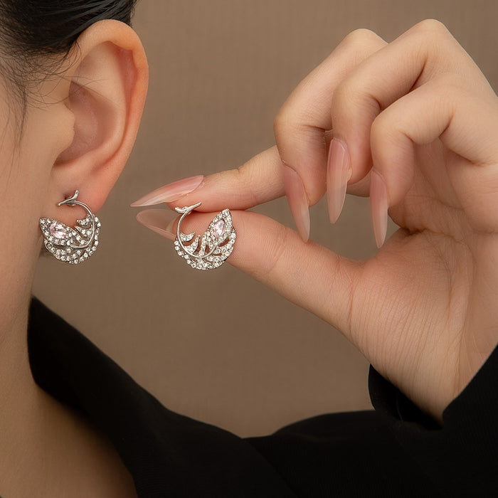 Luxury Korean Style Rhinestone Feather Stud Earrings With Pink Crystal Accents, Elegant Alloy Women's Earrings