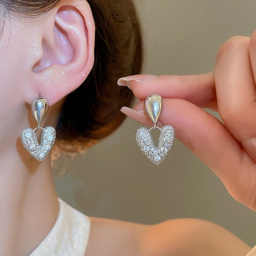 Copper Zircon Waterdrop Heart Stud Earrings Minimalist Light Luxury Elegant Style