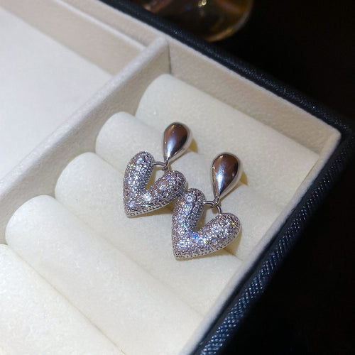 Copper Zircon Waterdrop Heart Stud Earrings Minimalist Light Luxury Elegant Style