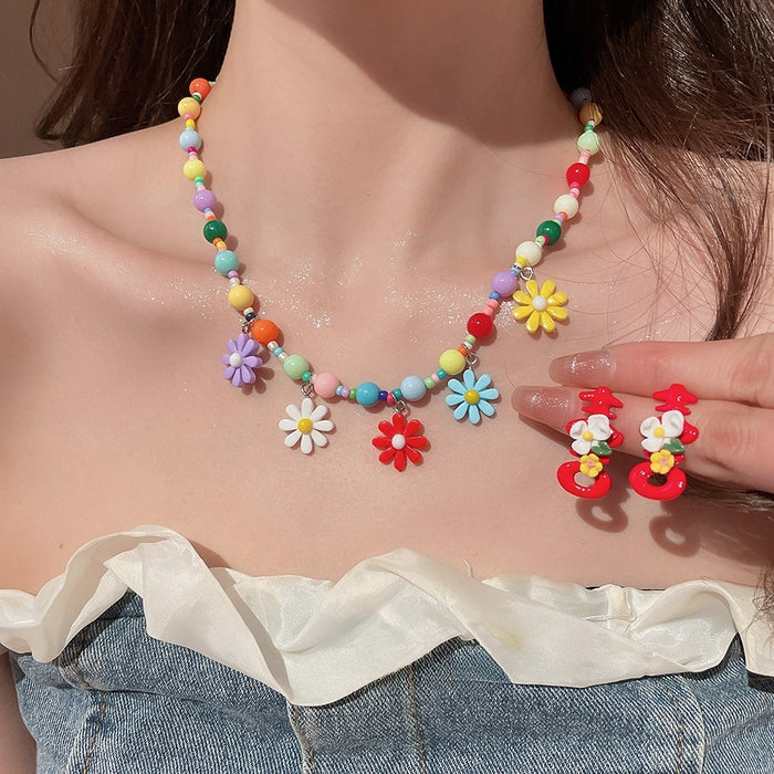 Sweet Dopamine Color Acrylic Flower Necklace And Earrings Jewelry Set For Vacation Style