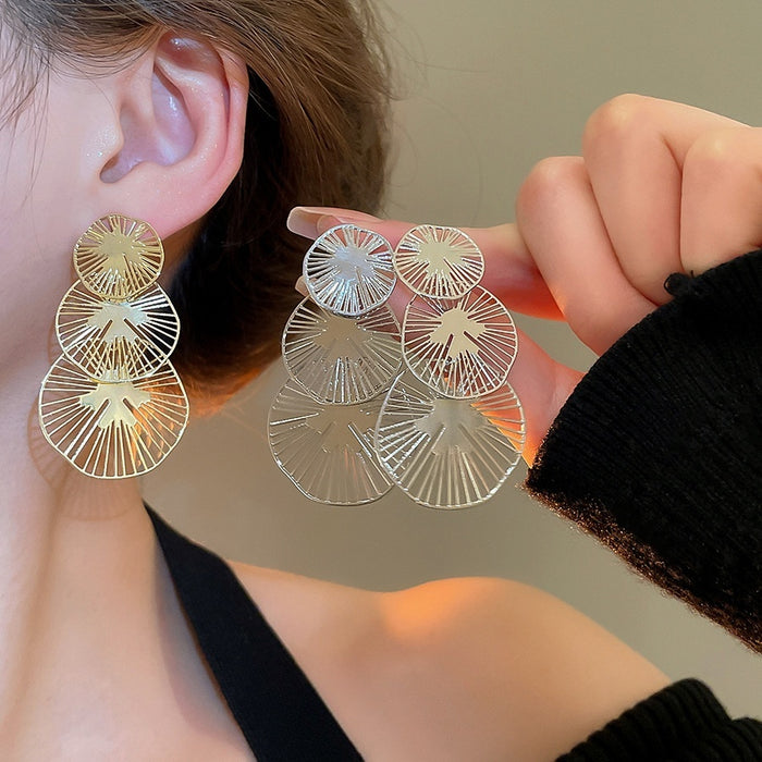 Chic Metal Irregular Hollow Round Tassel Drop Earrings With Silver Pin Geometric Light Luxury Style