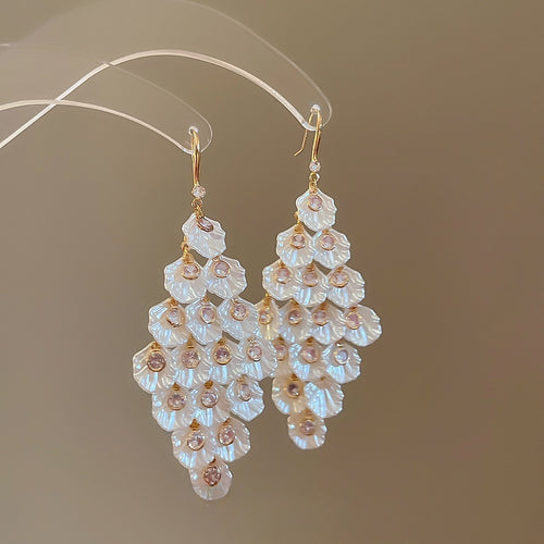 Light Luxury Acrylic Shell Geometric Zircon Tassel Drop Earrings With Silver Needles