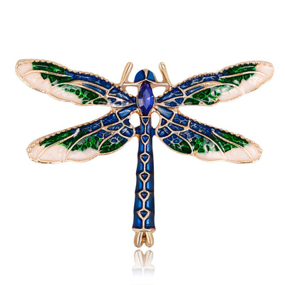 Front product view of the dragonfly brooch pin in gold and blue