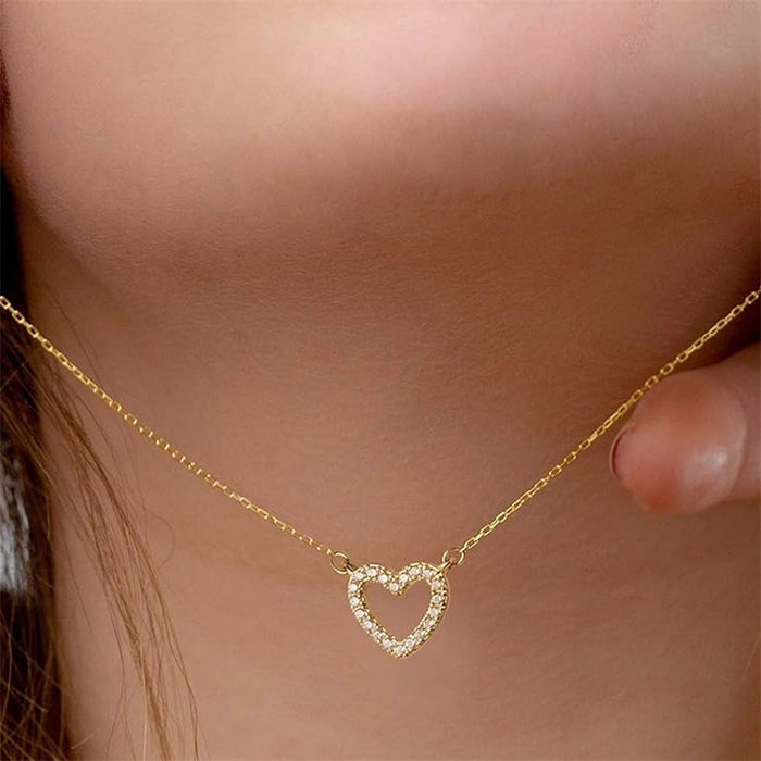 Hollow Heart Pendant Necklace With Micro Pave Zircon, Sparkling Sweet Daily Choker