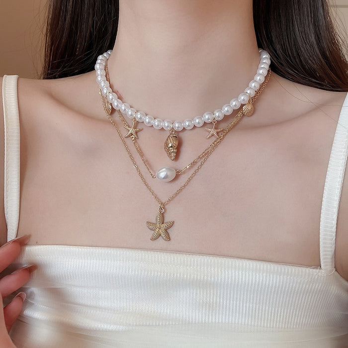 Starfish Shell Faux Pearl Layered Necklace Beach Vacation Style Clavicle Chain Jewelry