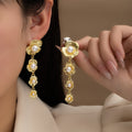 Elegant Vintage Gold Alloy Wrinkled Flower Pearl Inlaid Long Tassel Drop Stud Earrings view 1