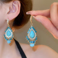 Ethnic Style Teardrop Turquoise Pearl Tassel Drop Earrings With Rhinestone Silver Needle view 4