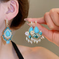 Ethnic Style Teardrop Turquoise Pearl Tassel Drop Earrings With Rhinestone Silver Needle view 2