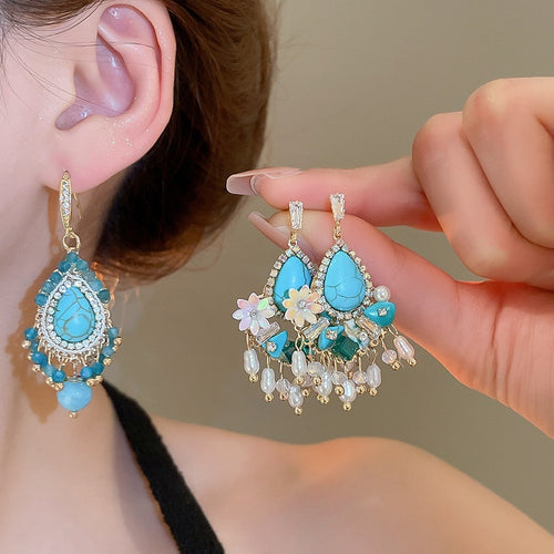 Ethnic Style Teardrop Turquoise Pearl Tassel Drop Earrings With Rhinestone Silver Needle