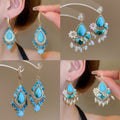 Ethnic Style Teardrop Turquoise Pearl Tassel Drop Earrings With Rhinestone Silver Needle view 1
