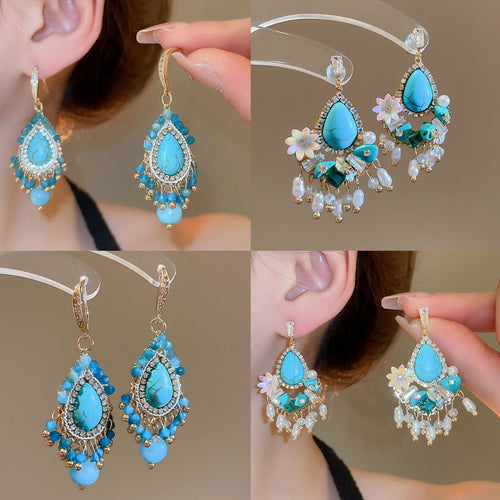 Ethnic Style Teardrop Turquoise Pearl Tassel Drop Earrings With Rhinestone Silver Needle