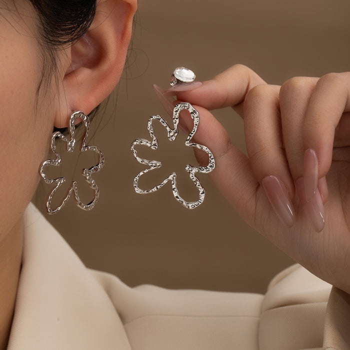 Elegant French Silver Alloy Hammered Hollow Flower Drop Studs With Rhinestone Accent Statement Earrings