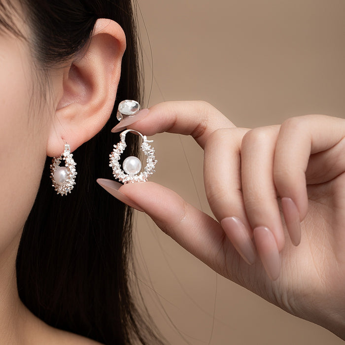 Elegant Korean Style Pearl Hoop Ear Cuffs With Sparkling Zircon Rhinestone Alloy Luxury Fashion Earrings