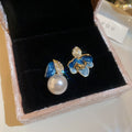 French Vintage Floral Faux Pearl Stud Earrings With Rhinestone Enamel Flower Light Luxury Style view 4
