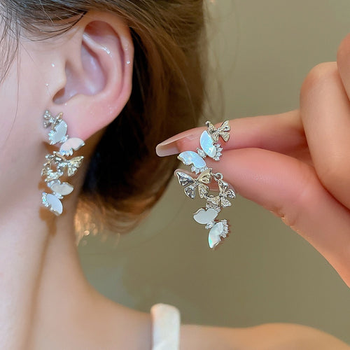 Copper Zircon Mother Of Pearl Butterfly Tassel Drop Earrings, Korean Light Luxury Style
