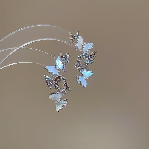 Copper Zircon Mother Of Pearl Butterfly Tassel Drop Earrings, Korean Light Luxury Style