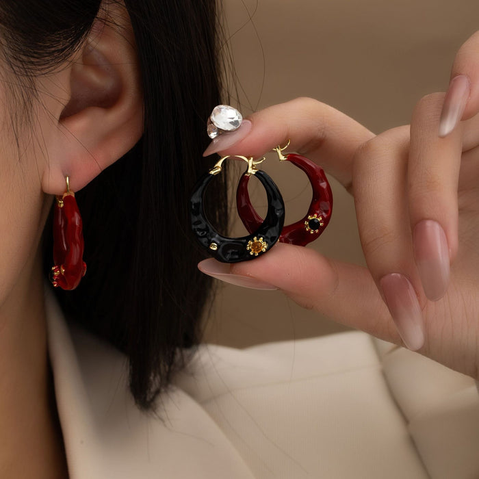 French Vintage Luxury Red Black Enamel Hoop Studs With Gold Alloy And Crystal Rhinestone Accents Earrings