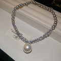 Gray Faux Pearl Rhinestone Geometric Pendant Necklace For Women, Light Luxury Beaded Choker view 4