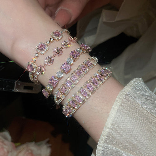 Pink Zircon Geometric Circle Adjustable Copper Bangle Vintage Light Luxury Jewelry