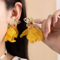 Elegant Spring Fabric Flower Petal Studs With Crystal Acrylic Bees Vacation Forest Style Earrings view 2