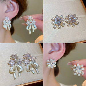 14K Gold Plated Silver Needle Zircon Flower Faux Pearl Stud Earrings For Women