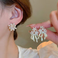 14K Gold Plated Silver Needle Zircon Flower Faux Pearl Stud Earrings For Women view 2