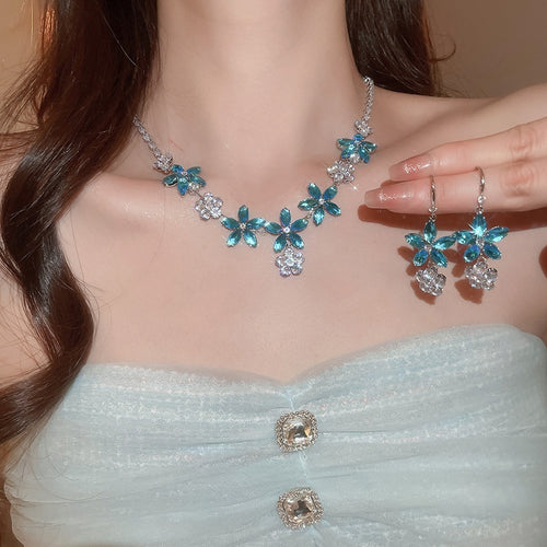 Light Luxury Copper Zircon Flower Pendant Necklace Bracelet Earrings Jewelry Set