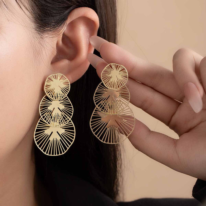 Elegant Gold Alloy Irregular Hollow Lotus Leaf Geometric Layered Statement Drop Stud Earrings