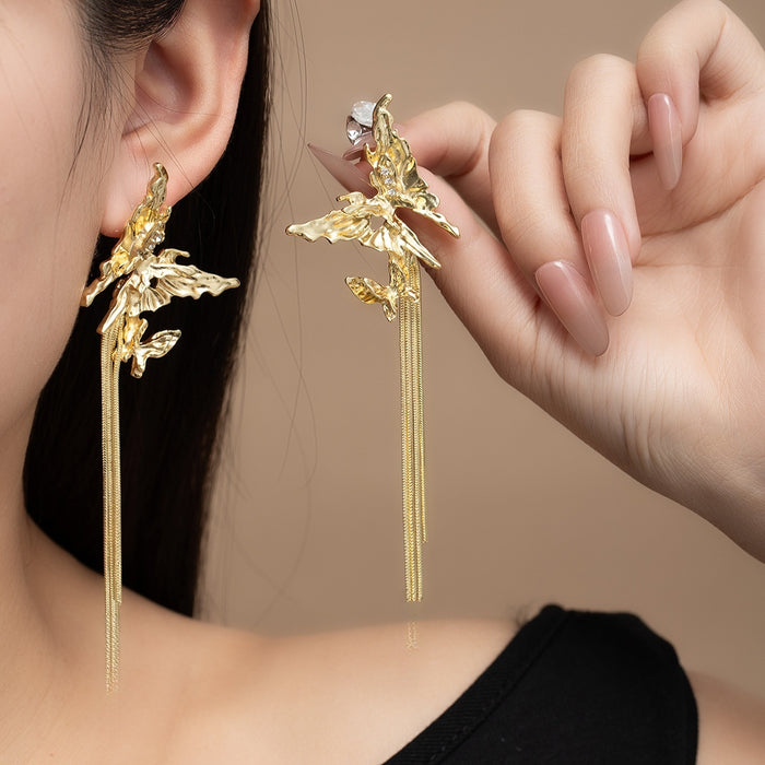 Elegant New Chinese Gold Alloy Double Butterfly Long Tassel Statement Drop Earrings
