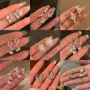 Light Luxury Floral Faux Pearl Zircon Stud Earrings With Silver Pins Elegant White Fashion Jewelry