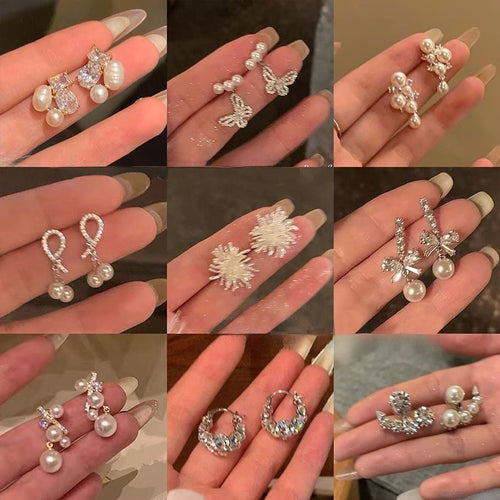 Light Luxury Floral Faux Pearl Zircon Stud Earrings With Silver Pins Elegant White Fashion Jewelry