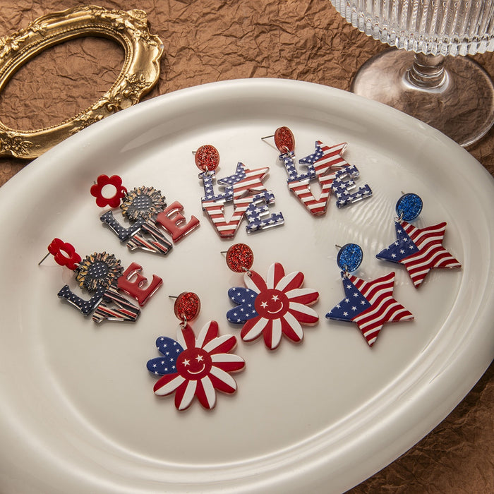 Patriotic American Flag Star Flower LOVE Acrylic Enamel Stud Drop Earrings For Independence Day Earrings
