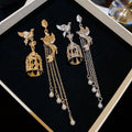 Alloy Asymmetric Bird Pearl Tassel Drop Earrings With Silver Posts Light Luxury Vintage Style view 2