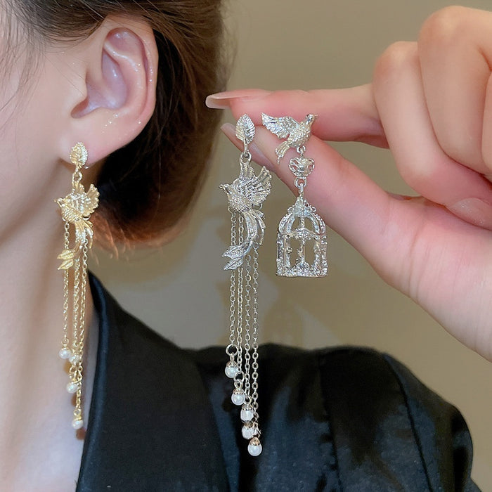 Alloy Asymmetric Bird Pearl Tassel Drop Earrings With Silver Posts Light Luxury Vintage Style