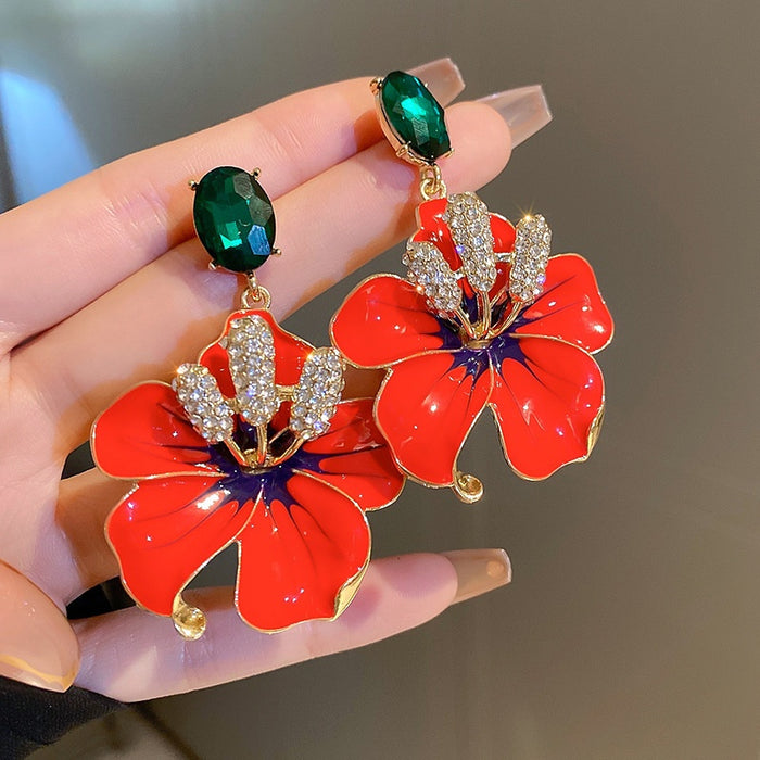 Copper Orange Flower Rhinestone Stud Earrings Chic Vintage Lightweight Elegant Jewelry