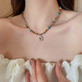 Titanium Steel Natural Stone Rice Bead Sunflower Necklace, New Chinese Vintage Light Luxury Collarbone Chain view 3