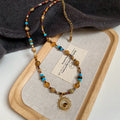 Titanium Steel Natural Stone Rice Bead Sunflower Necklace, New Chinese Vintage Light Luxury Collarbone Chain view 4
