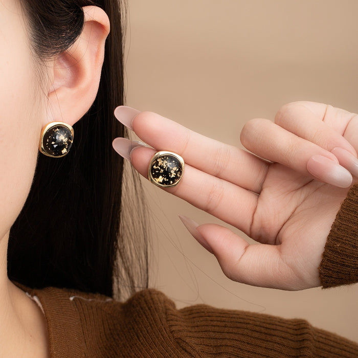 Vintage Luxury Black Enamel Starry Round Studs With Gold Rim Silver Needle Elegant Women's Earrings