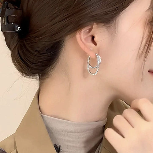 18K Gold Plated Copper Zircon Double Layer Round Ear Cuff Earrings Minimalist Luxury Geometric Jewelry