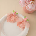 Elegant Pastoral Flower Mesh Fabric Studs With Acrylic Beads And Green Leaf Charm Earrings view 2