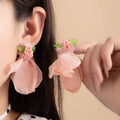 Elegant Pastoral Flower Mesh Fabric Studs With Acrylic Beads And Green Leaf Charm Earrings view 1