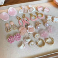 Pink Floral Faux Pearl Stud Earrings With Silver Posts Sweet Light Luxury Jewelry view 1