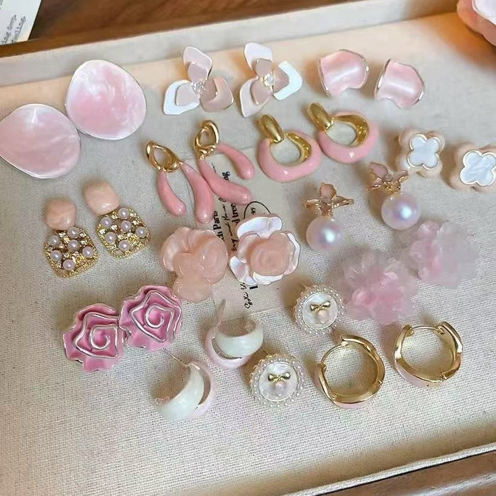 Pink Floral Faux Pearl Stud Earrings With Silver Posts Sweet Light Luxury Jewelry