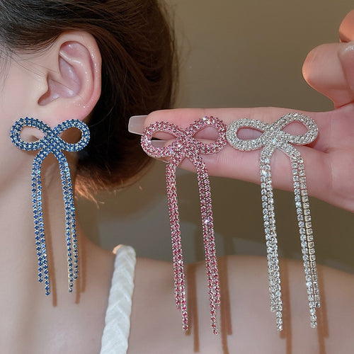 Chic Copper Bowknot Rhinestone Tassel Drop Earrings With Silver Posts