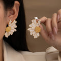 French Vintage Luxury Layered Daisy Flower White Enamel Gold Alloy Rhinestone Stud Drop Earrings view 1