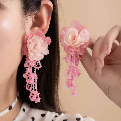 Vacation Lace Flower Acrylic Beaded Tassel Stud Earrings Elegant Sweet Floral Drop Earrings