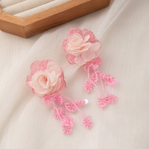 Vacation Lace Flower Acrylic Beaded Tassel Stud Earrings Elegant Sweet Floral Drop Earrings
